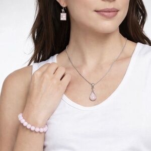Genuine Sterling Silver & Rose Quartz Pendant Necklace, Earrings & Bracelet Set